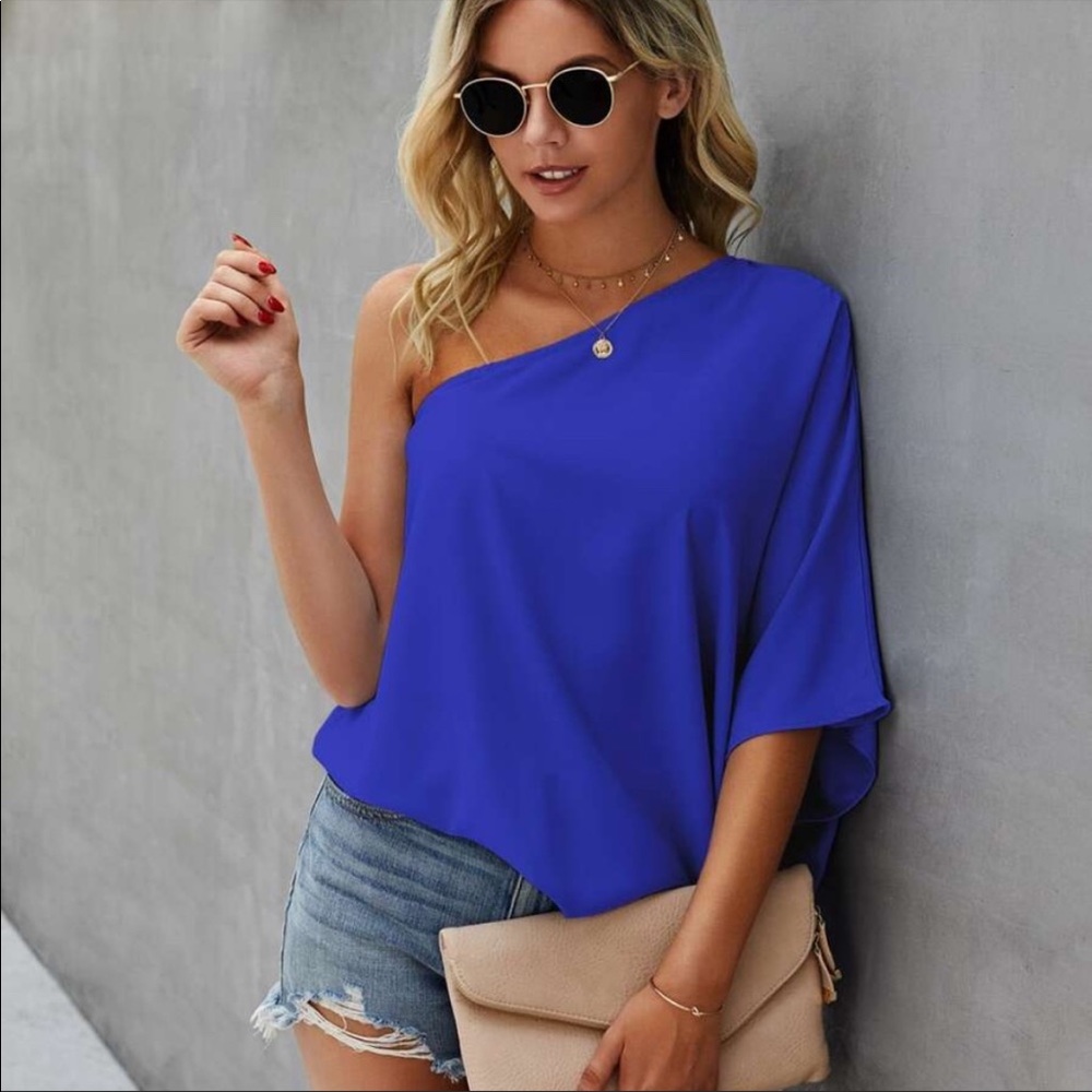 Boho one shoulder oversized solid blouse - Picture 2 of 15